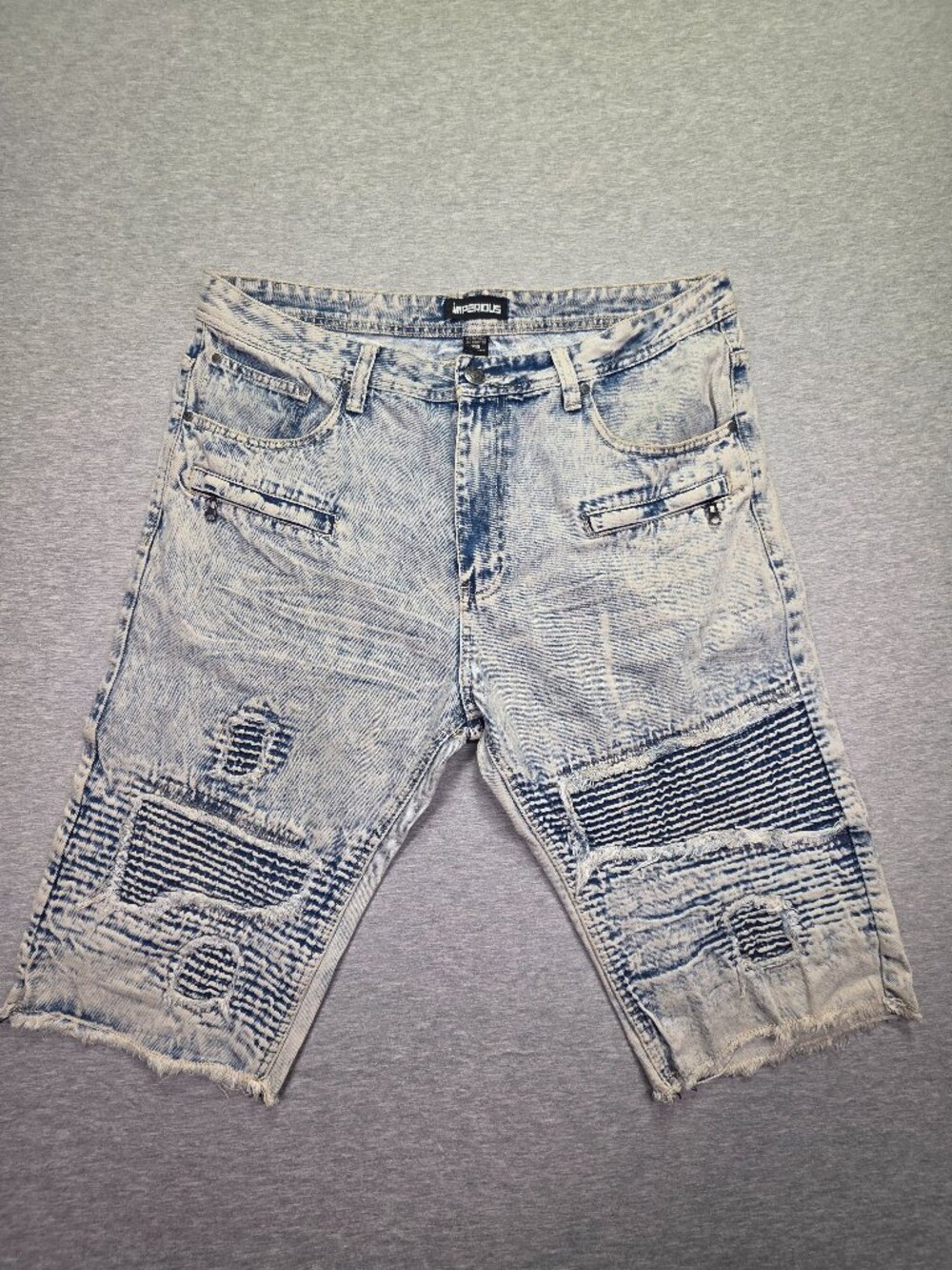 Imperious Men's Acid Wash Moto Denim Shorts Size 40 Distressed Biker Jean Shorts